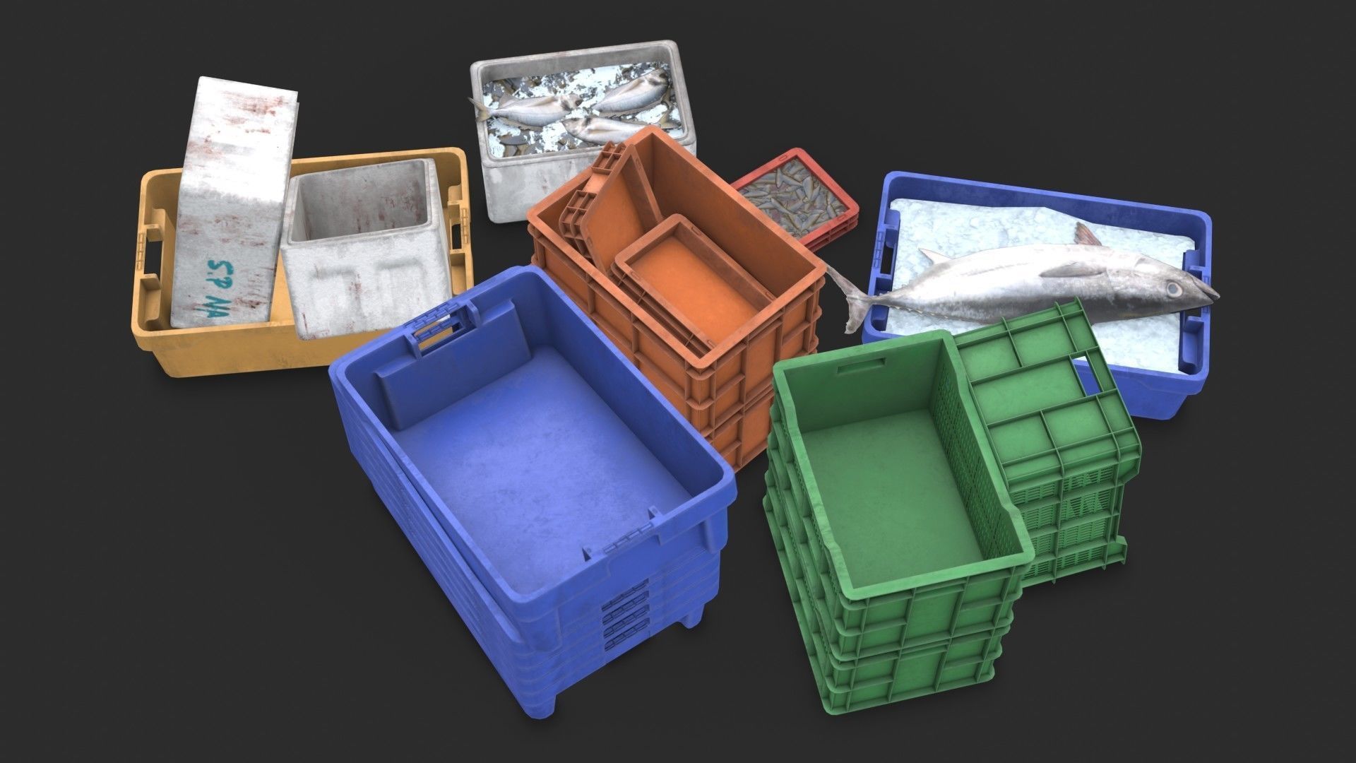 Fishing Plastic Crates Low-poly 3D model_4