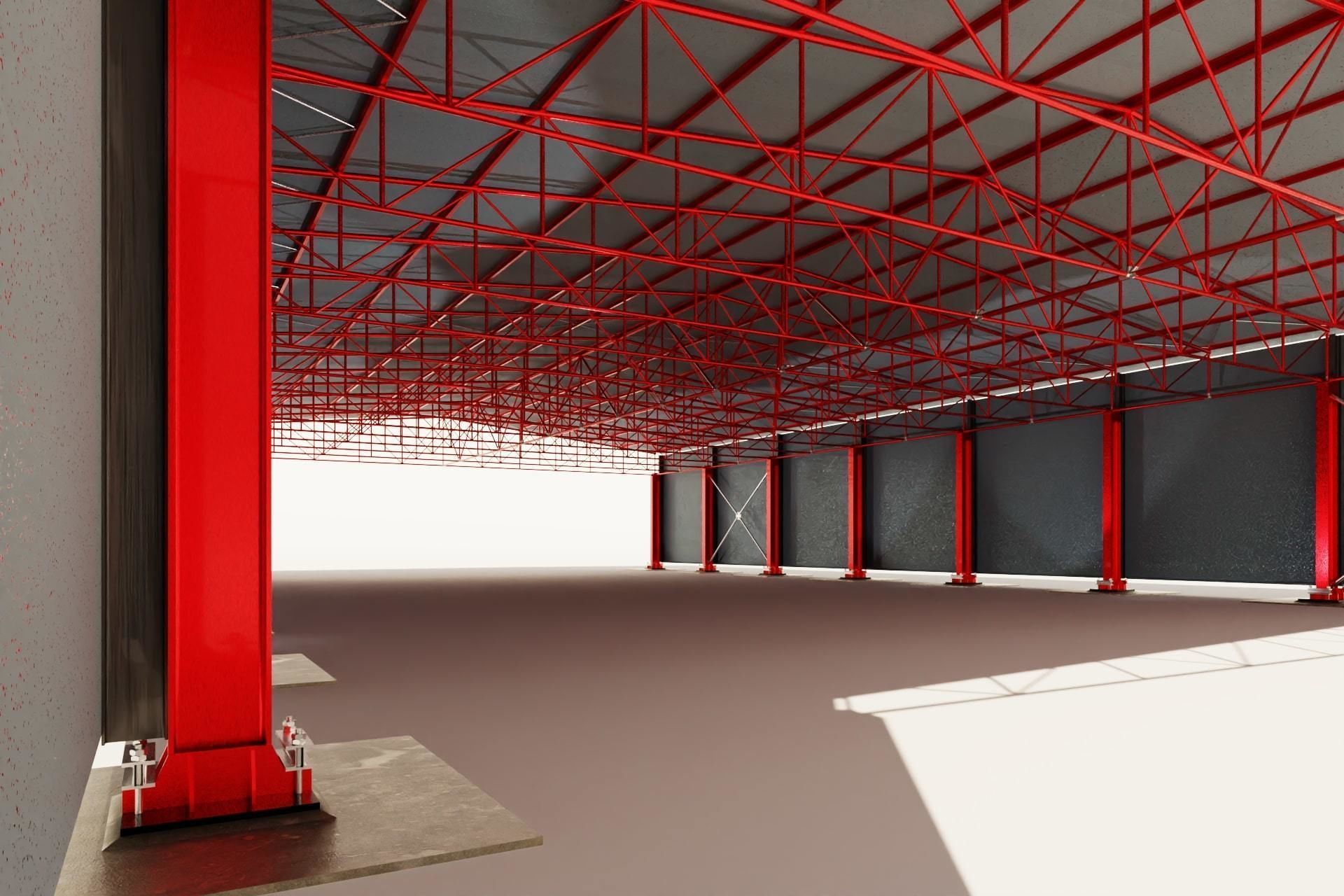 Industrial steel truss hall - calculated 3D model_1