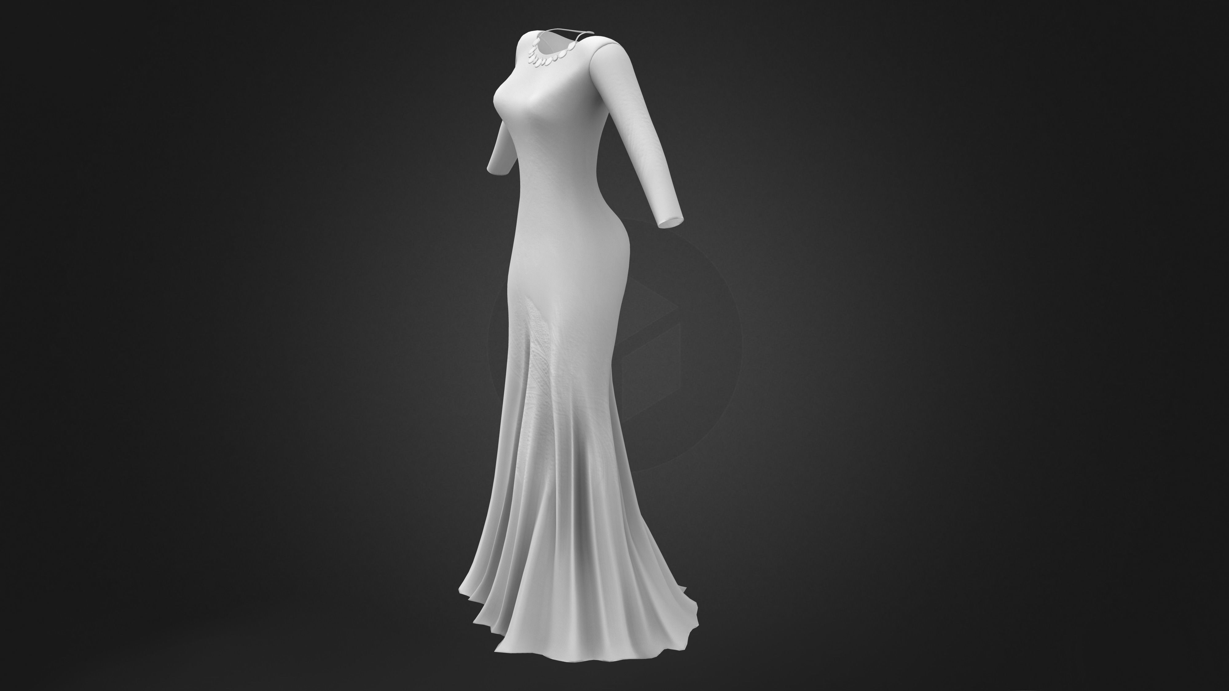 Long Sleeves Evening Dress With Sequin Embroidery With Necklace Low-poly 3D model_8