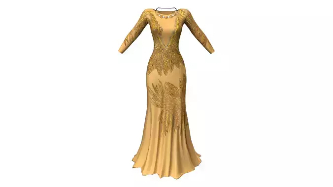 Long Sleeves Evening Dress With Sequin Embroidery With Necklace Low-poly 3D model