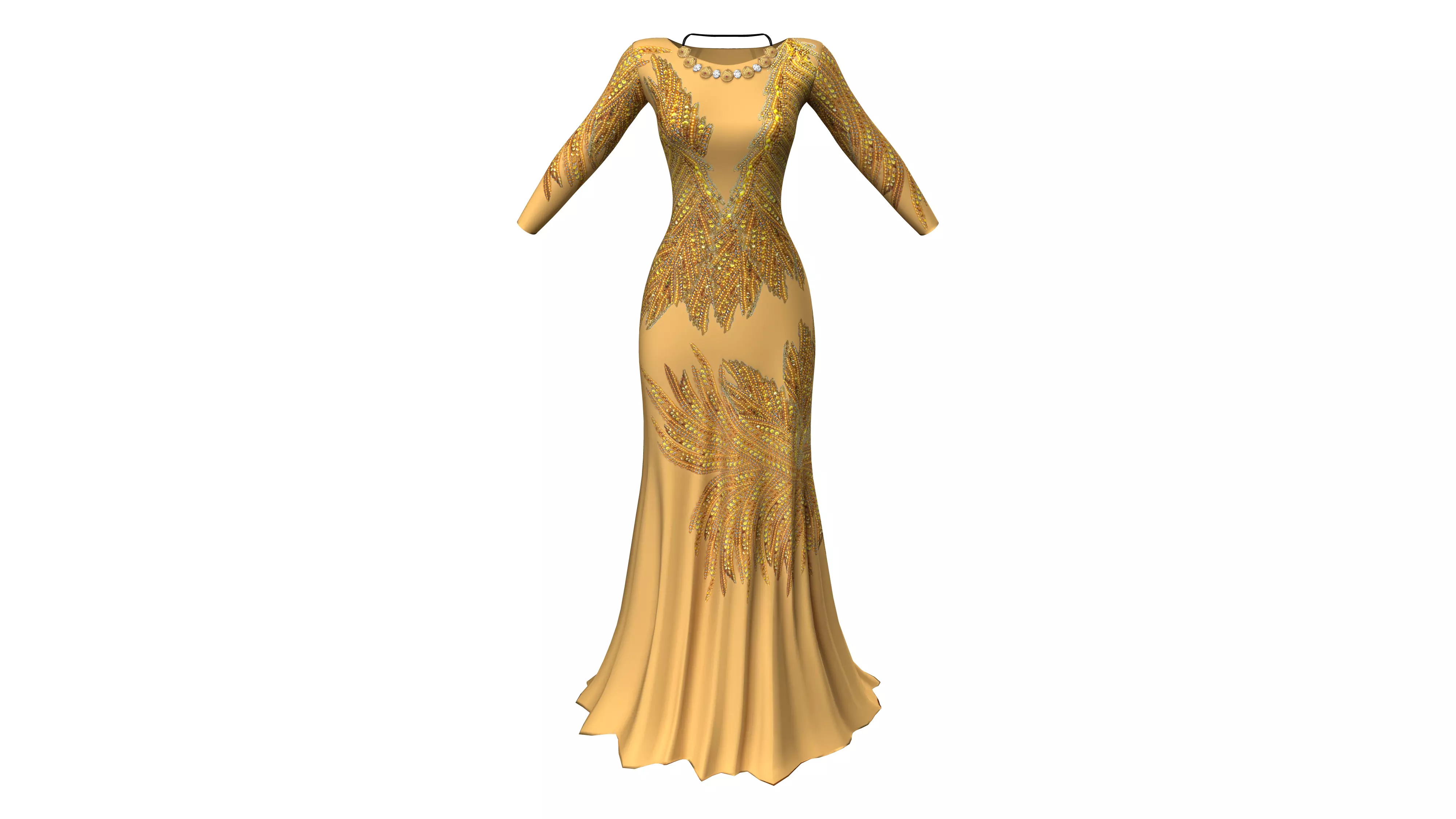 Long Sleeves Evening Dress With Sequin Embroidery With Necklace Low-poly 3D model_0