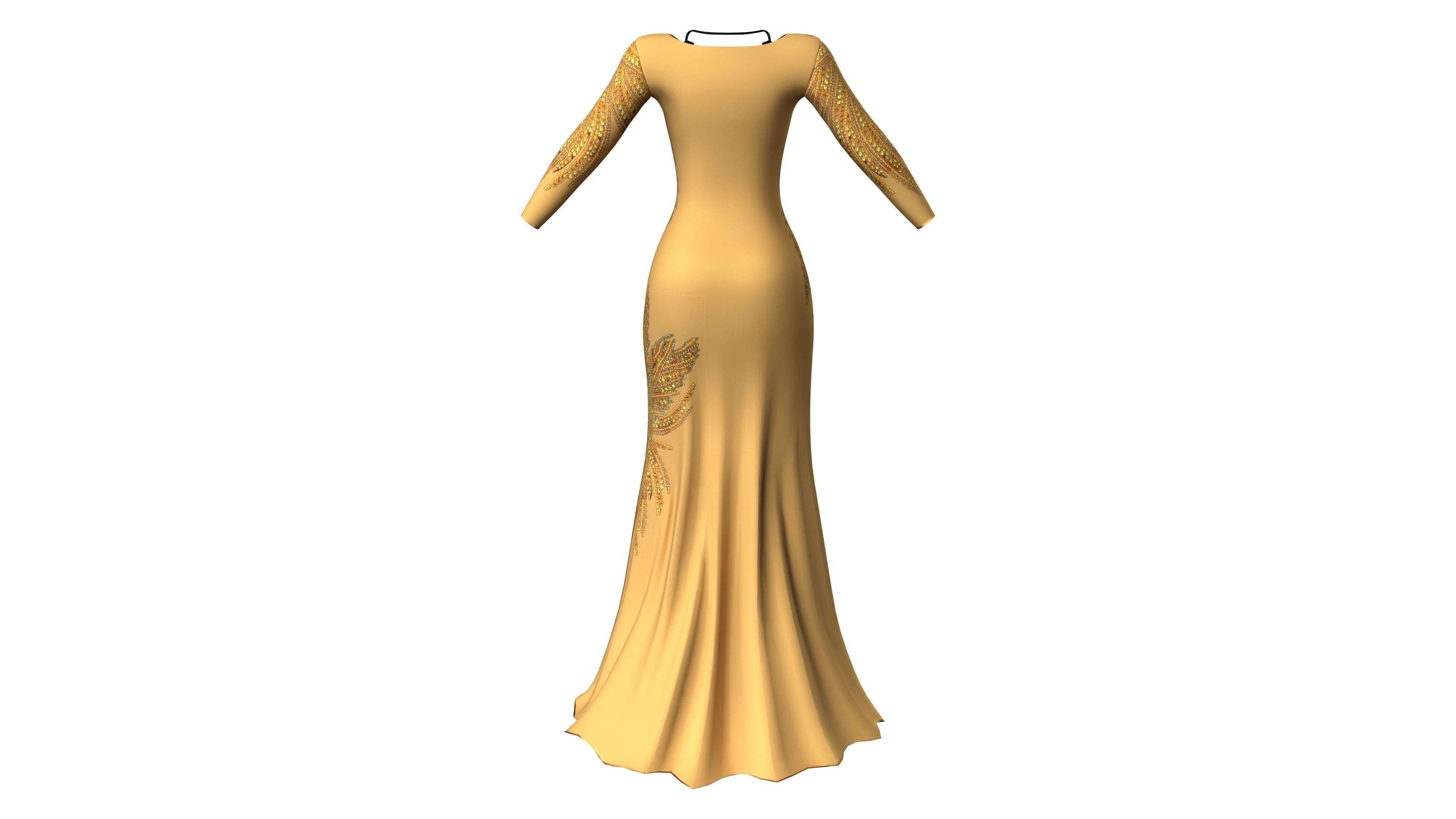 Long Sleeves Evening Dress With Sequin Embroidery With Necklace Low-poly 3D model_5