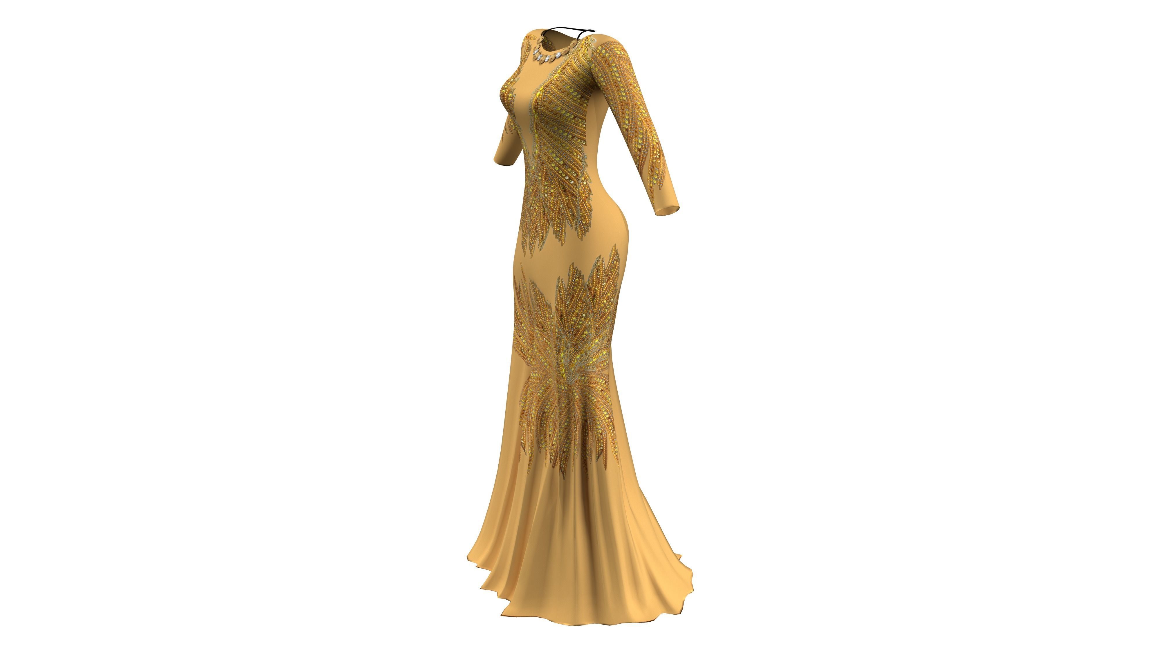 Long Sleeves Evening Dress With Sequin Embroidery With Necklace Low-poly 3D model_3