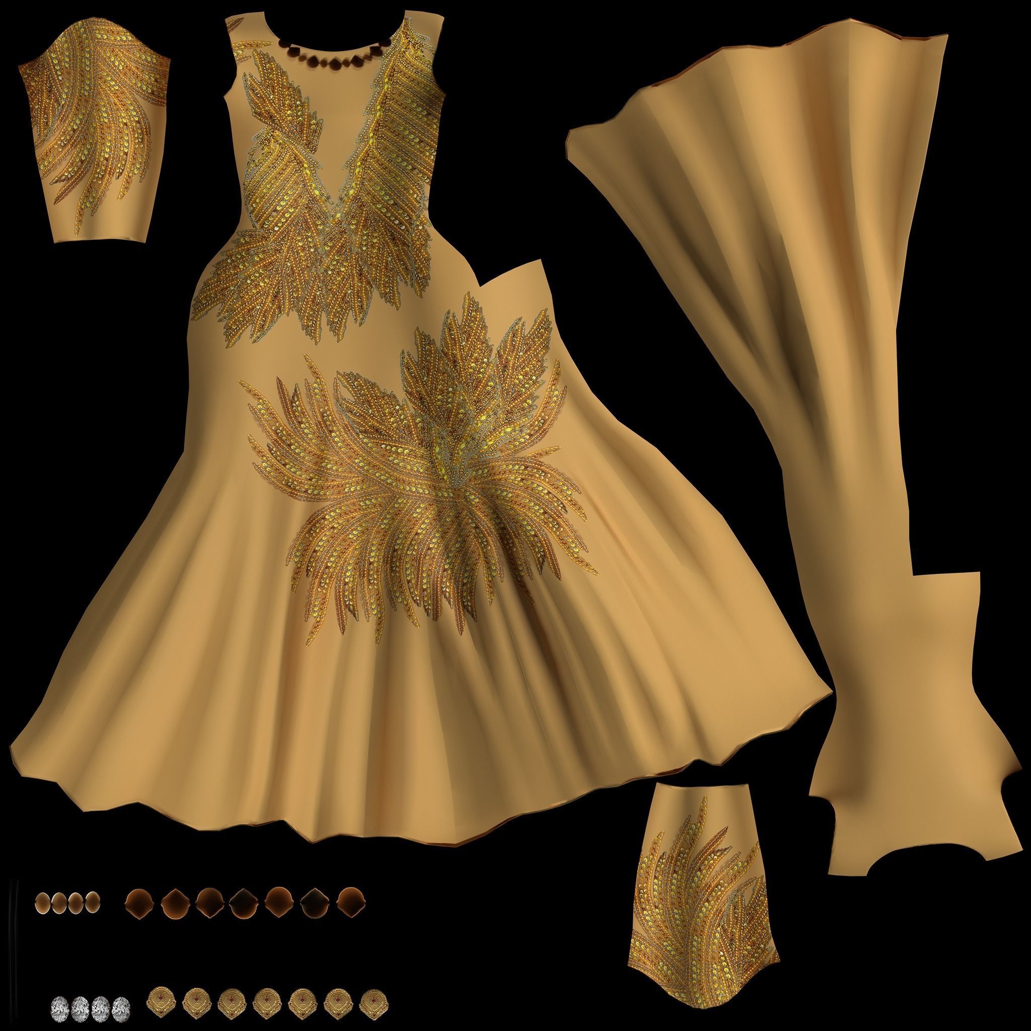 Long Sleeves Evening Dress With Sequin Embroidery With Necklace Low-poly 3D model_9