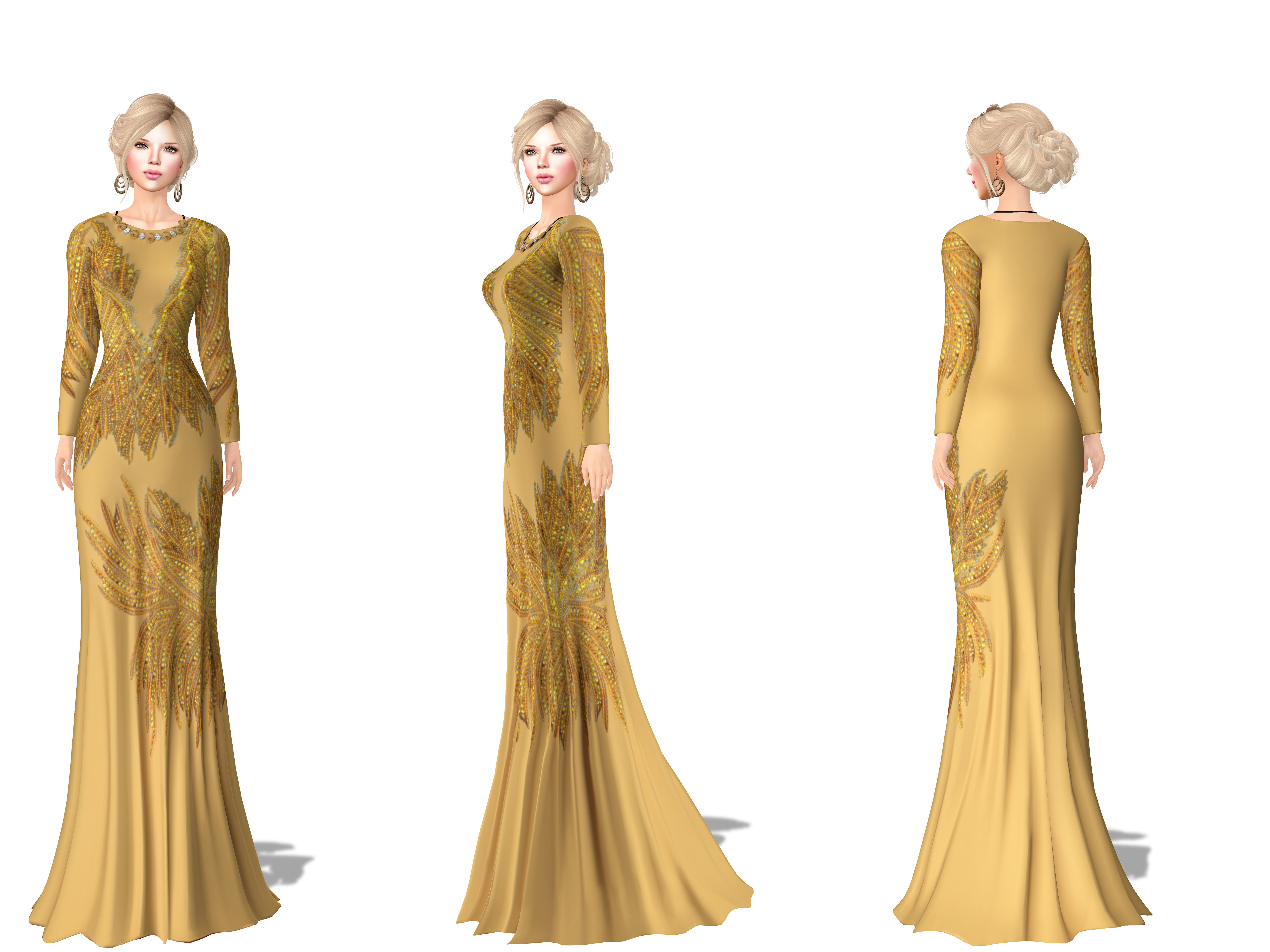 Long Sleeves Evening Dress With Sequin Embroidery With Necklace Low-poly 3D model_2