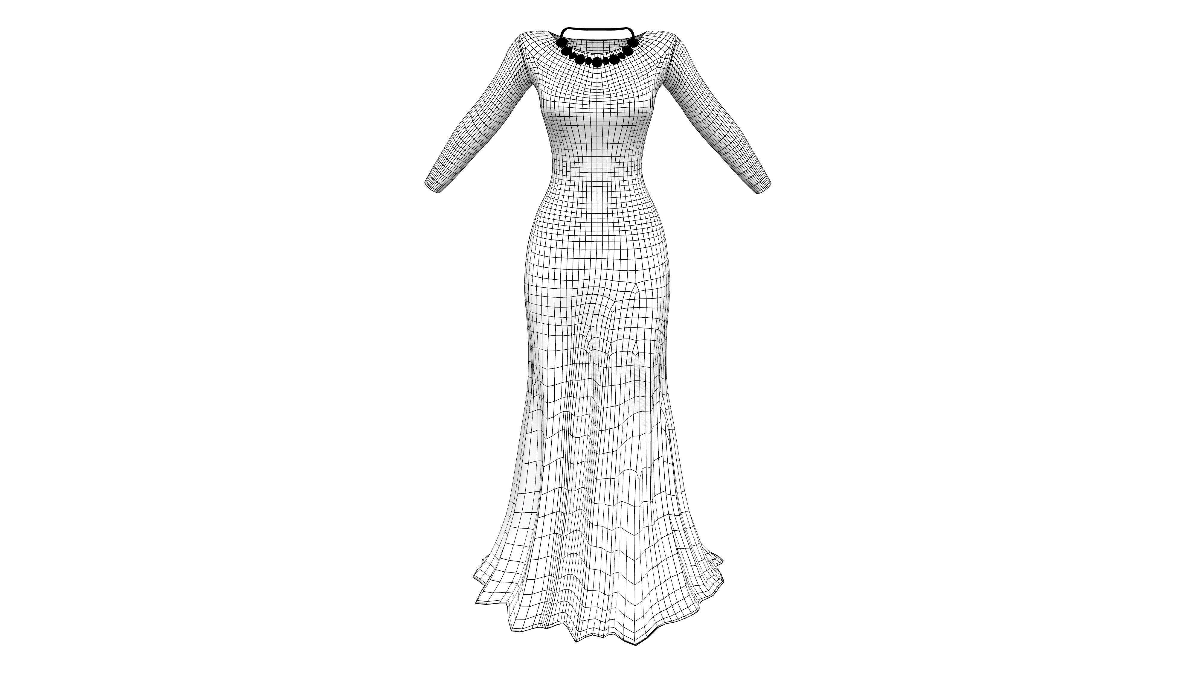 Long Sleeves Evening Dress With Sequin Embroidery With Necklace Low-poly 3D model_6