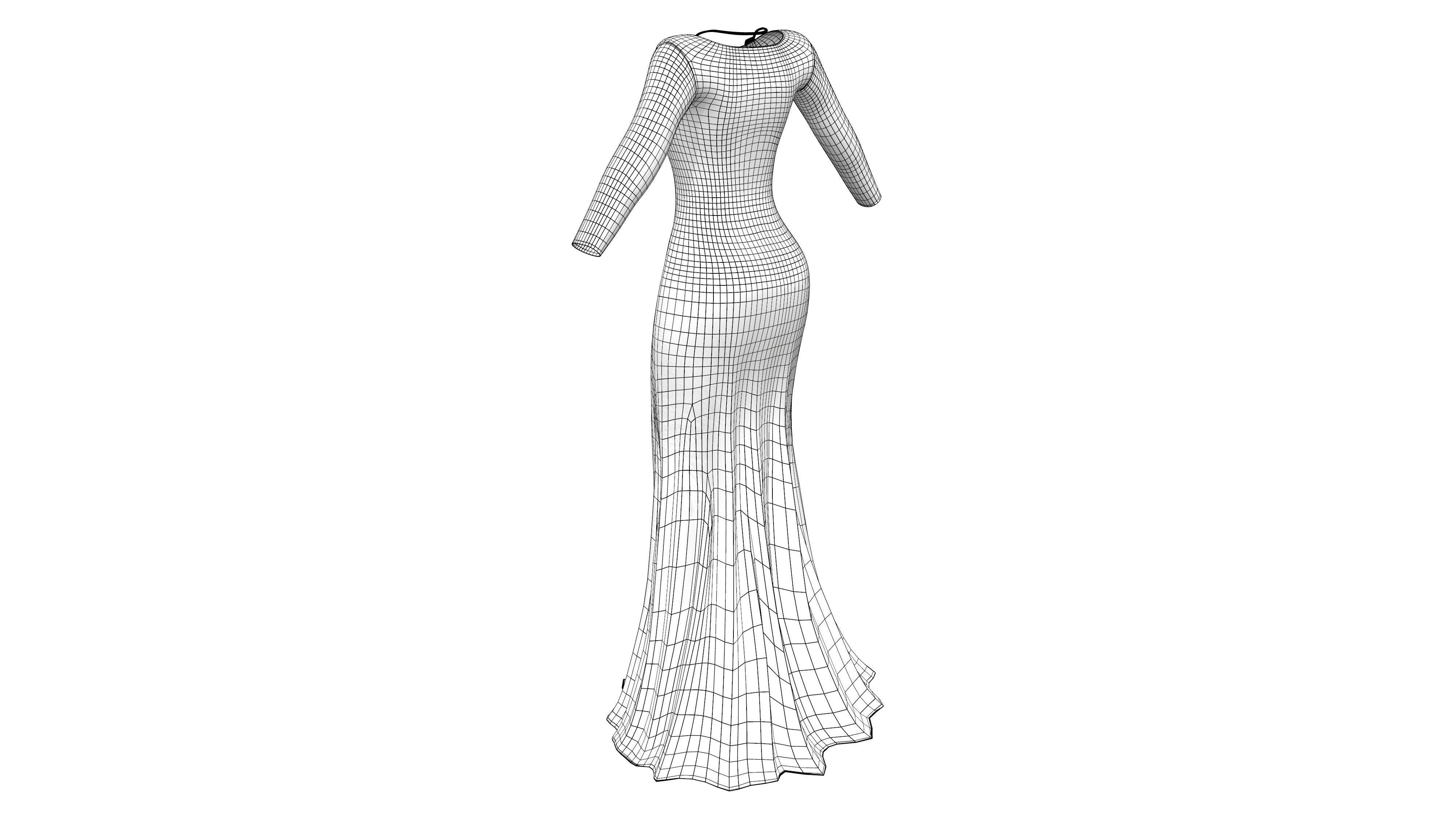 Long Sleeves Evening Dress With Sequin Embroidery With Necklace Low-poly 3D model_7