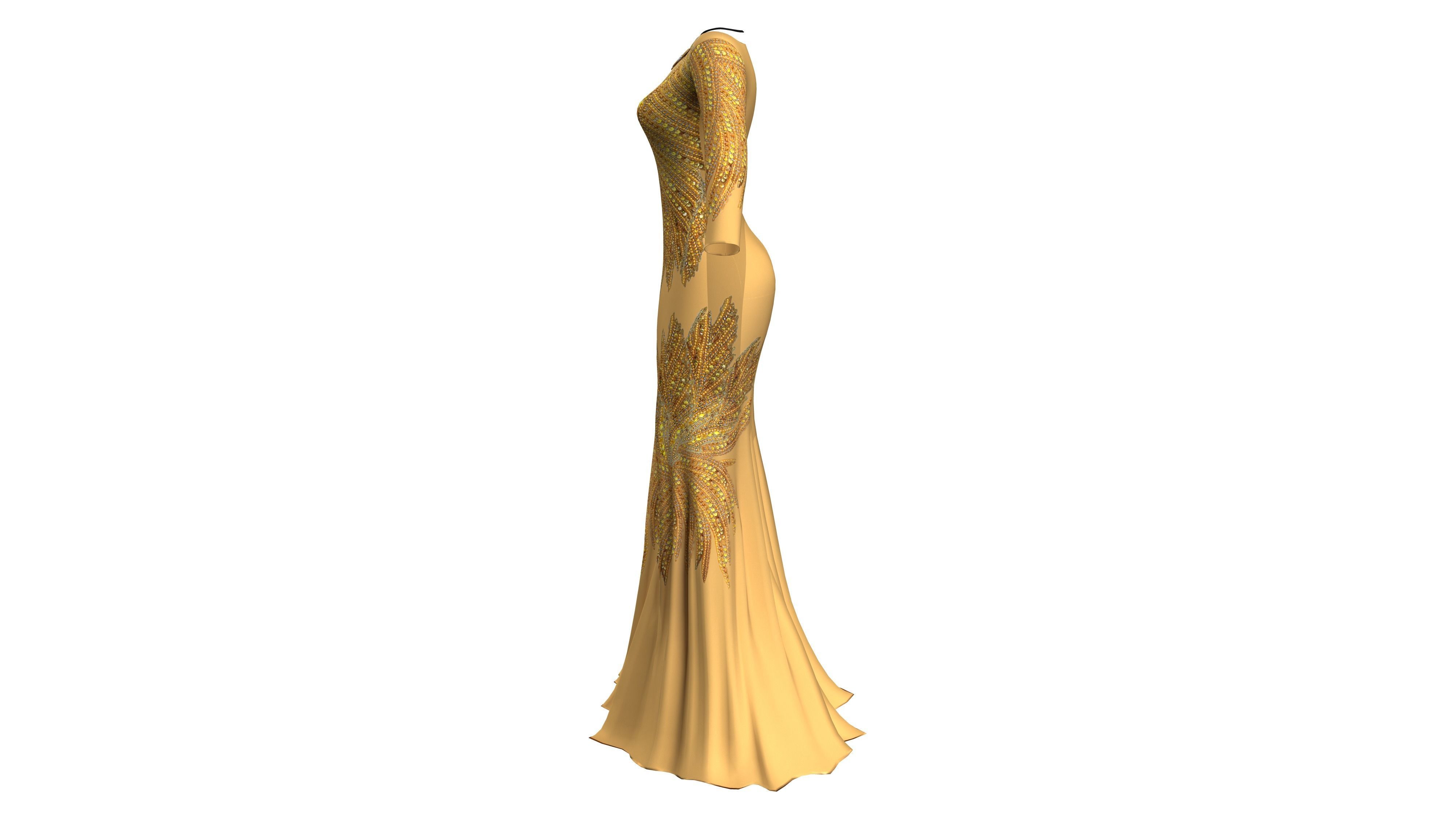 Long Sleeves Evening Dress With Sequin Embroidery With Necklace Low-poly 3D model_4