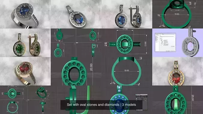 Set with oval stones and diamonds