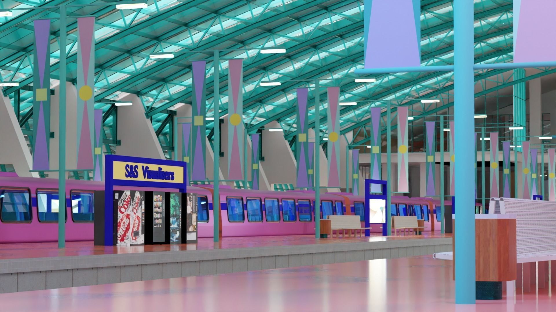 Train Stations with animated trains movement 3D model_4
