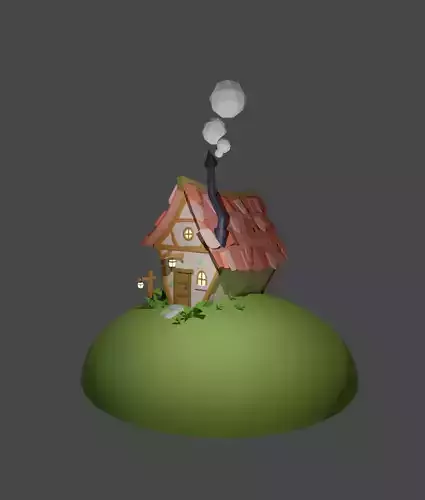 low poly cottage house on hill