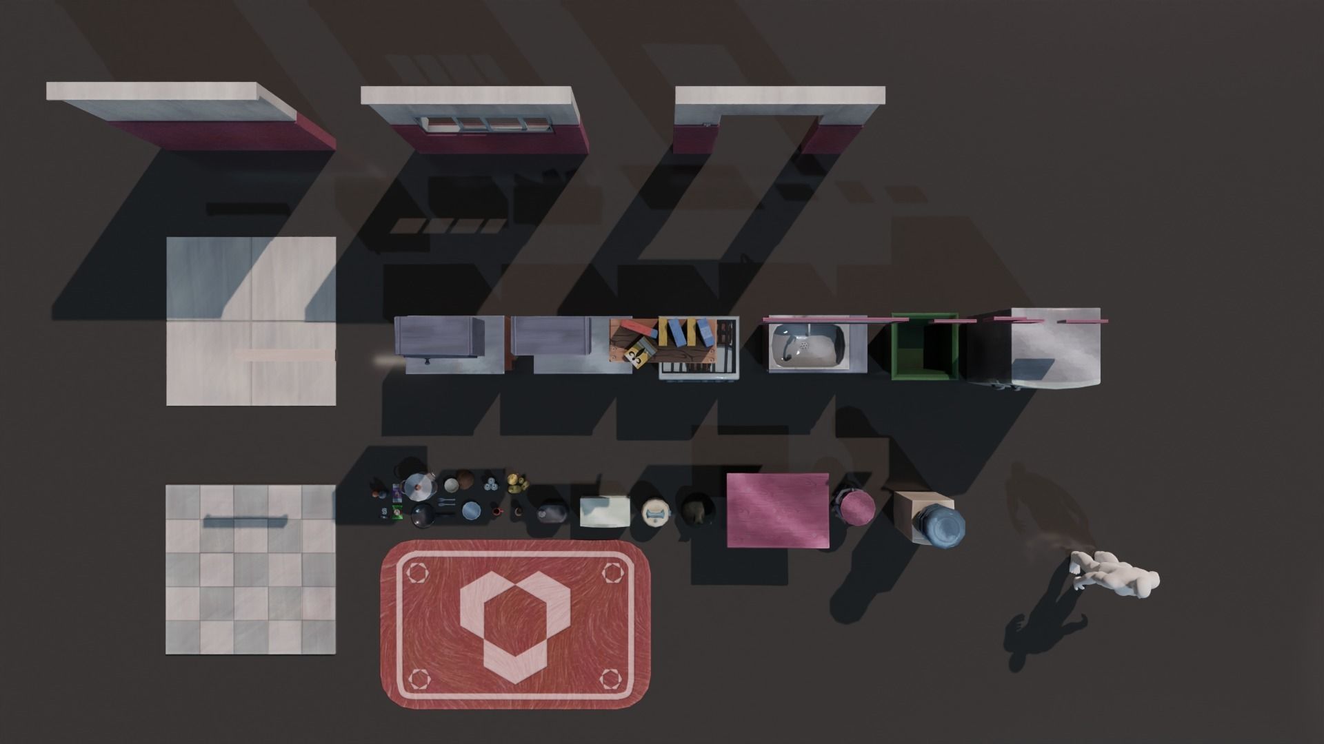 Kitchen Set 1 room with and bathroom Low-poly 3D model_1