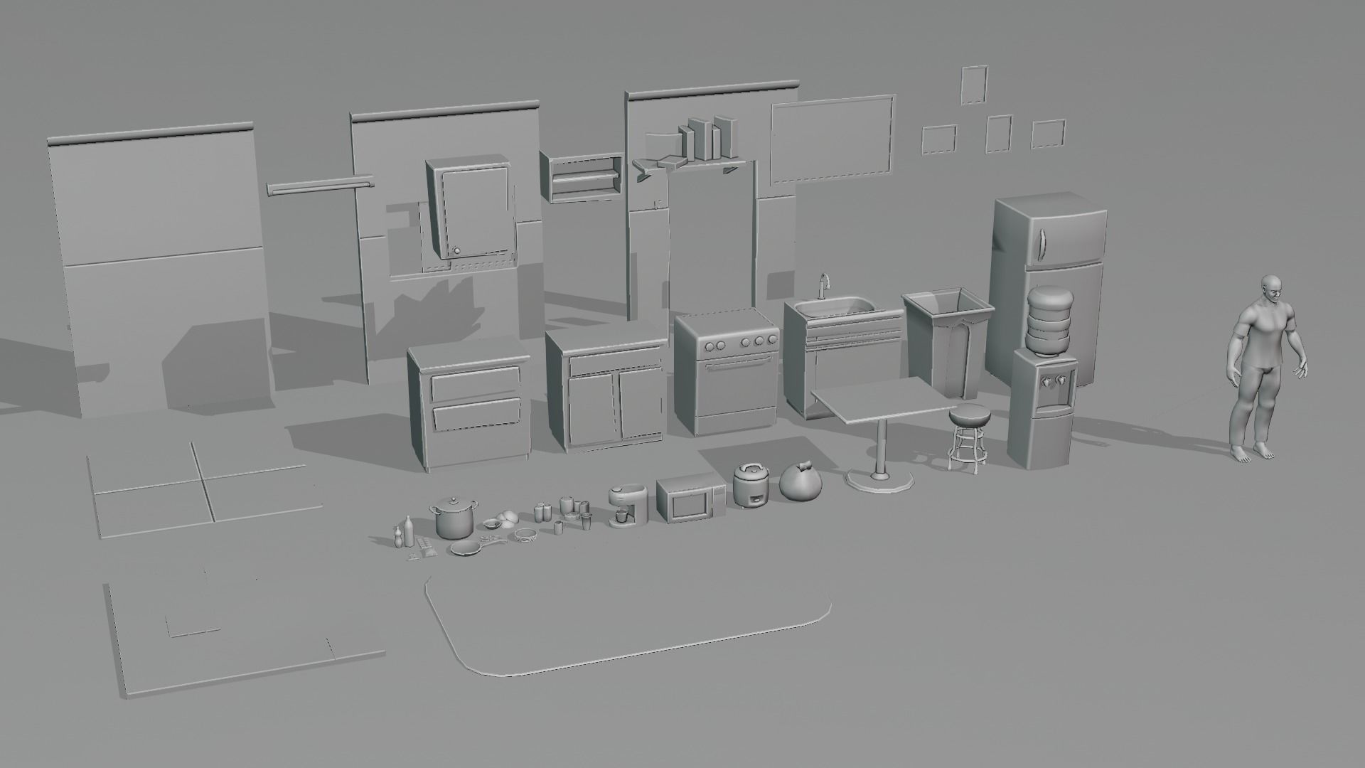 Kitchen Set 1 room with and bathroom Low-poly 3D model_4