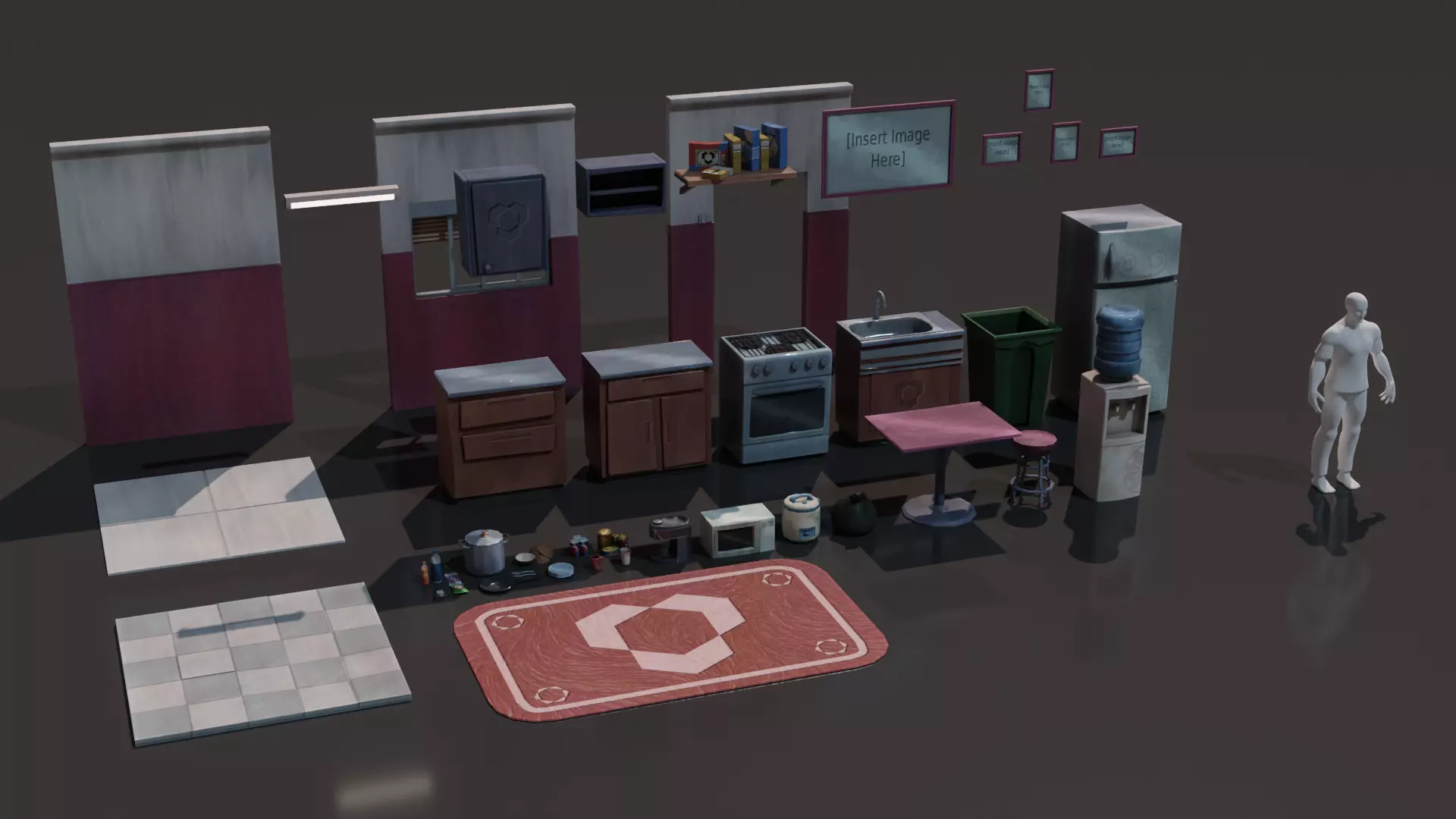 Kitchen Set 1 room with and bathroom Low-poly 3D model_0