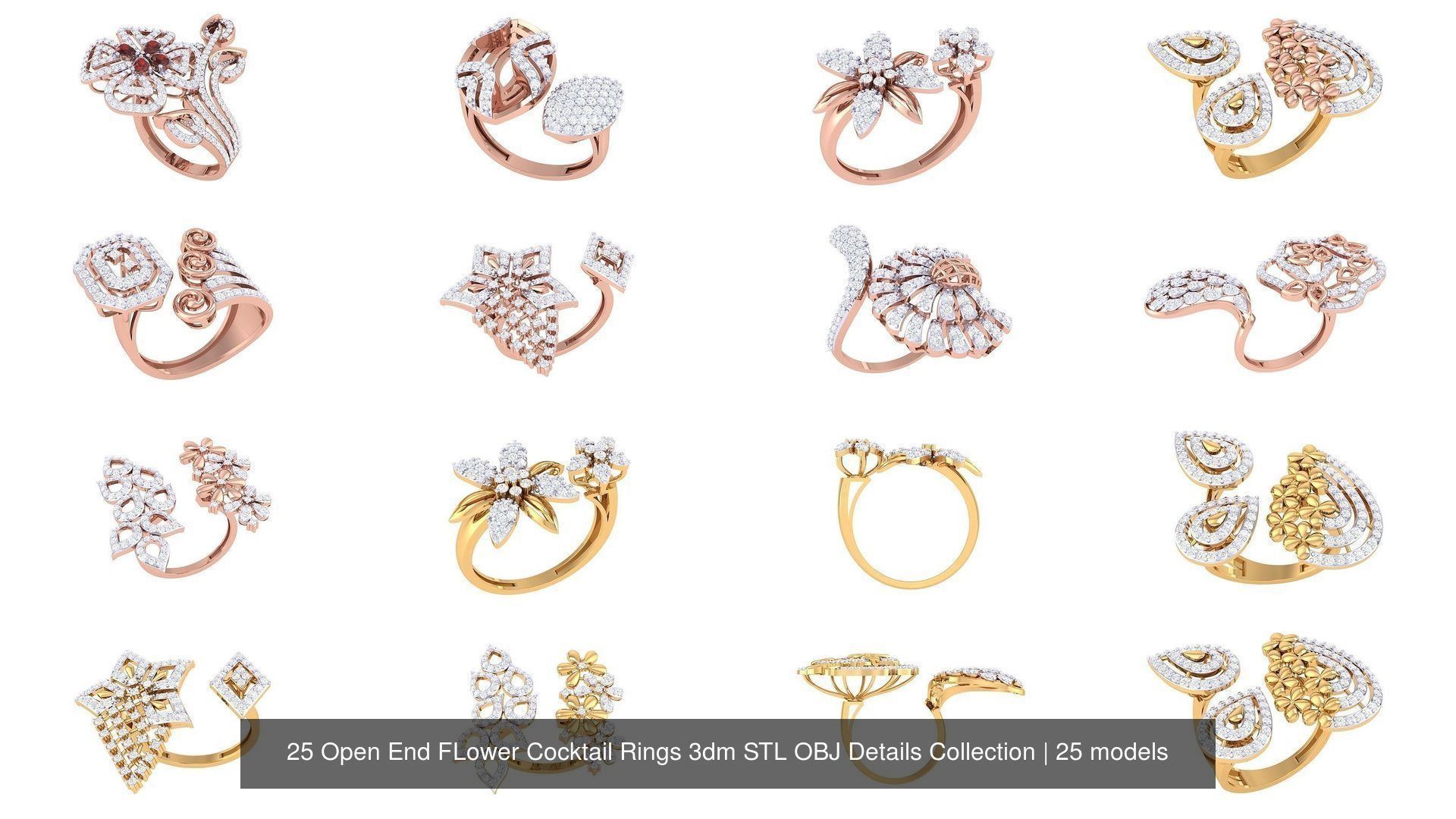 25 Open End FLower Cocktail Rings 3dm STL OBJ Details Collection _2