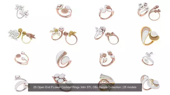 25 Open End FLower Cocktail Rings 3dm STL OBJ Details Collection