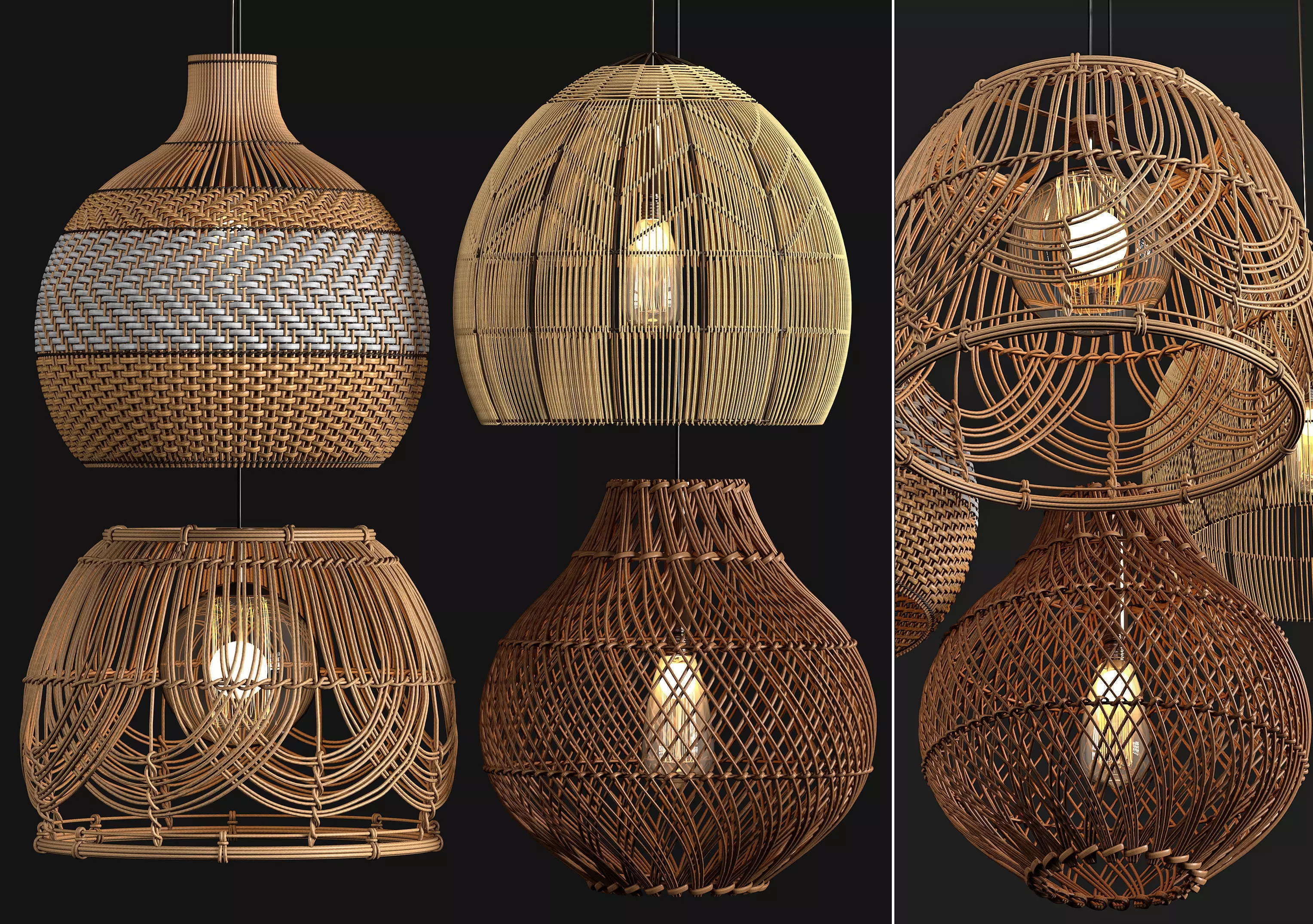 4 Rattan Pendant Lights 3D model