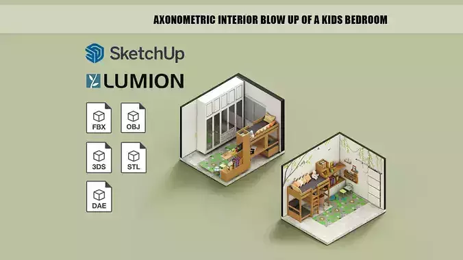 Axonometric interior blow up of a kids bedroom 