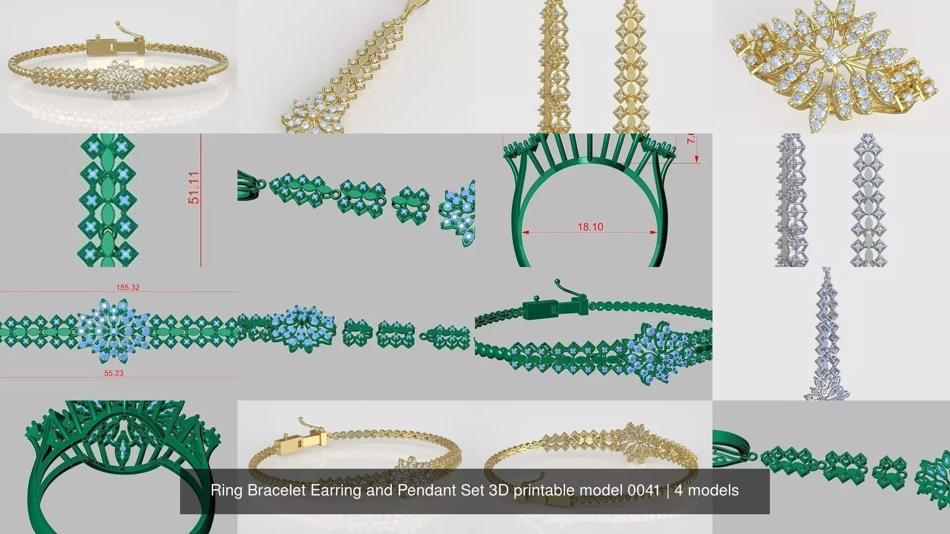 Ring Bracelet Earring and Pendant Set 3D printable model 0041 3D Model Collection_1