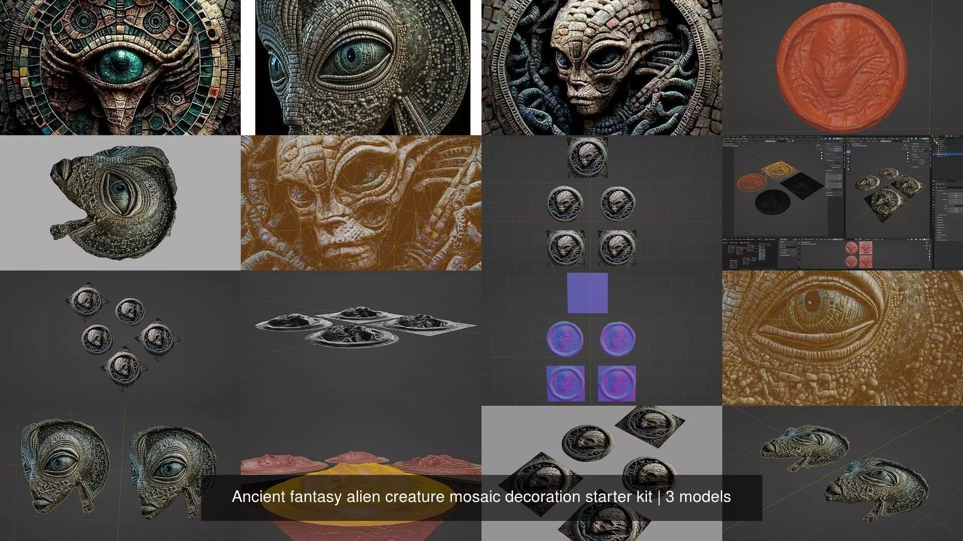 Ancient fantasy alien creature mosaic decoration starter kit 3D Model Collection_0