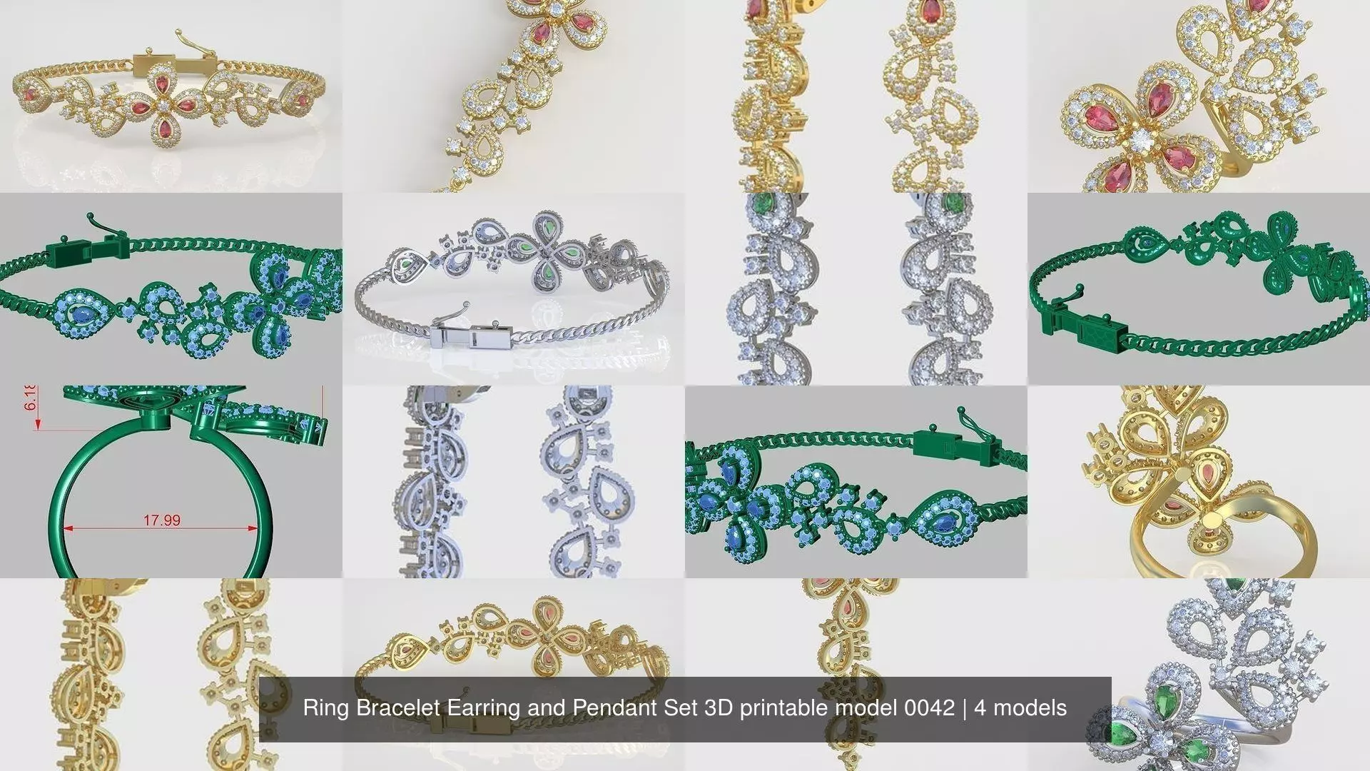 Ring Bracelet Earring and Pendant Set 3D printable model 0042 3D Model Collection_1