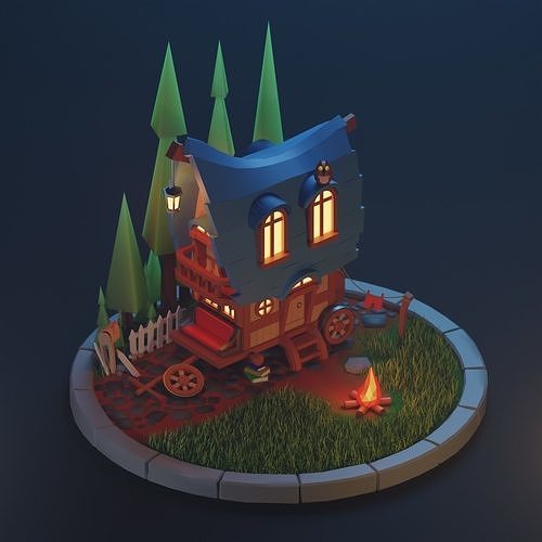 carriage in the night forest Free low-poly 3D model