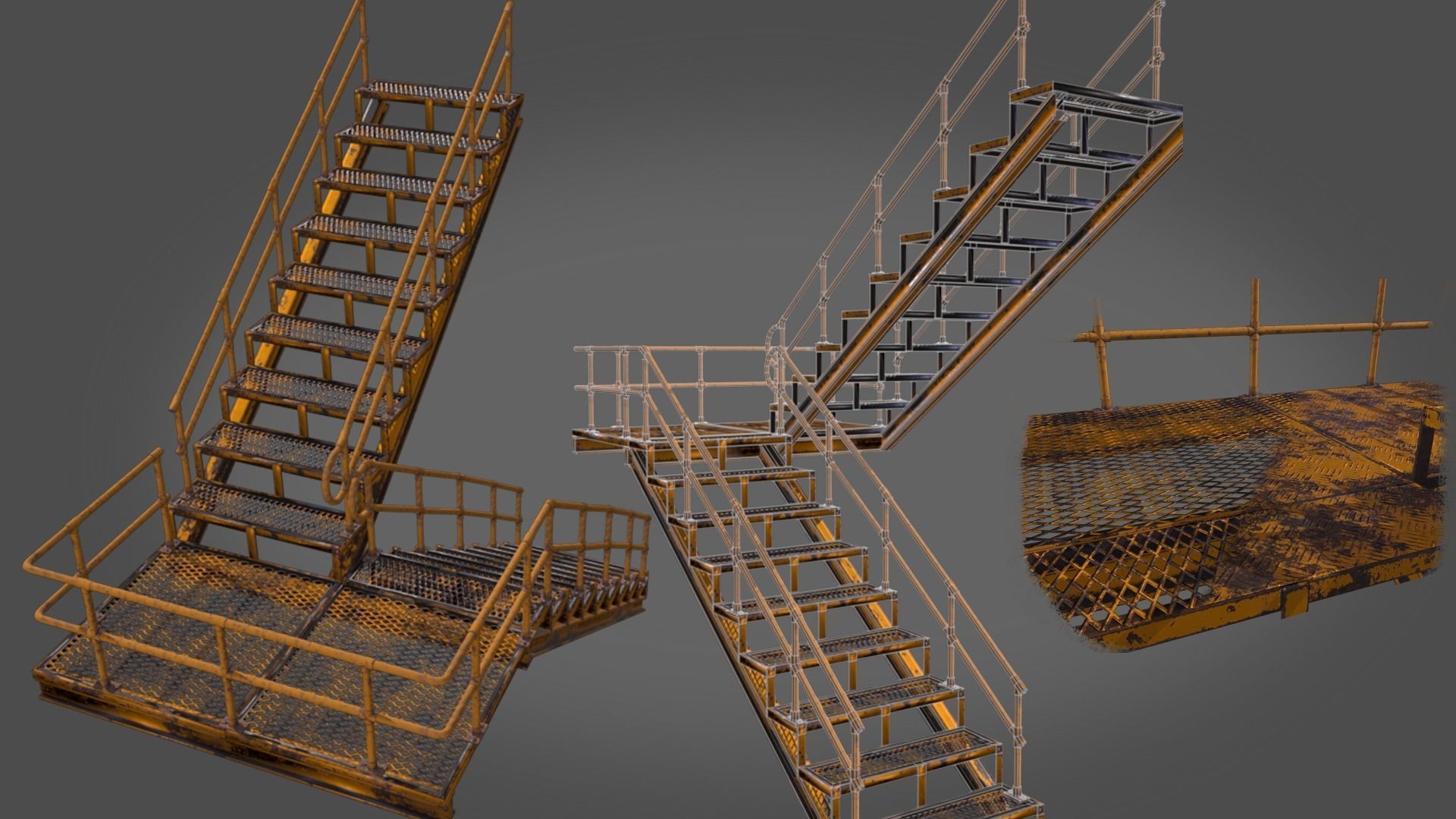 industrial stairs and  handrails pack Low-poly 3D model_2