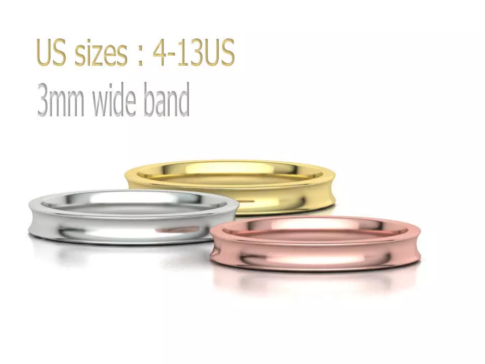 Concave Plain Wedding Band 3mm wide 4-13us sizes 3dmodel 3D print model