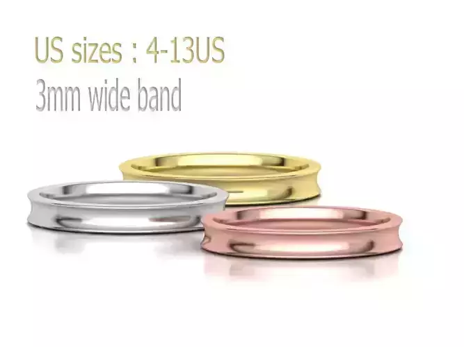 Concave Plain Wedding Band 3mm wide 4-13us sizes 3dmodel 3D print model