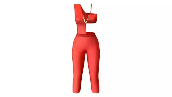 Side Cutout Red Jumpsuit With Gold V Chest