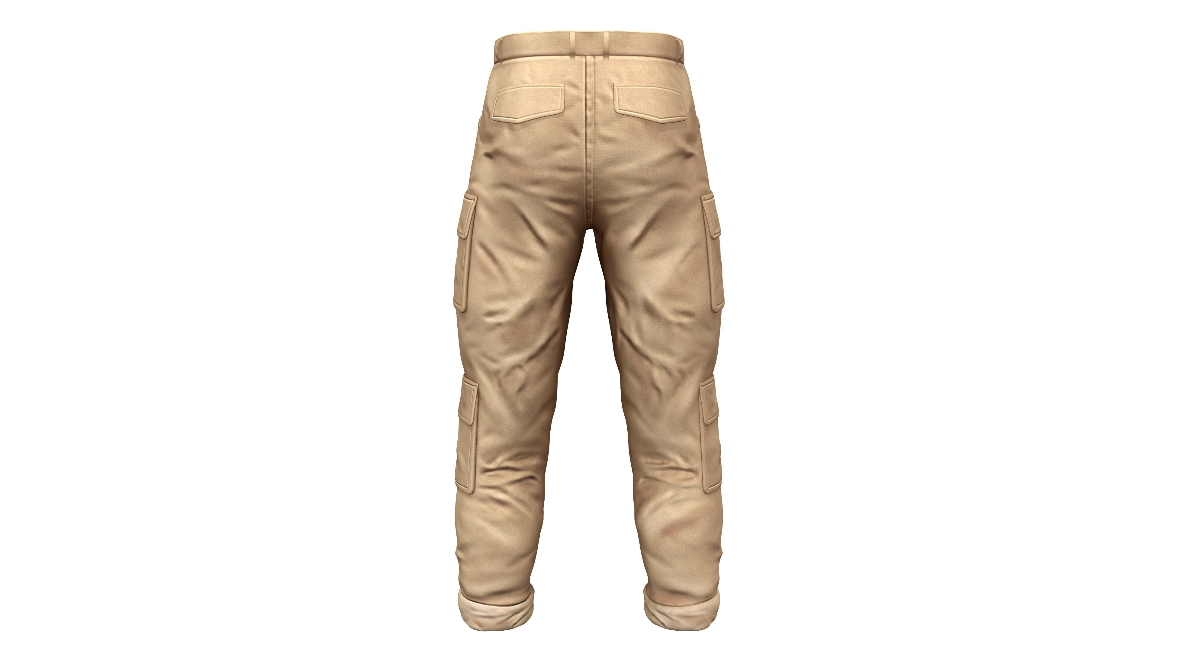 Mens Brown Rolled Legs Cargo Pants Low-poly 3D model_4