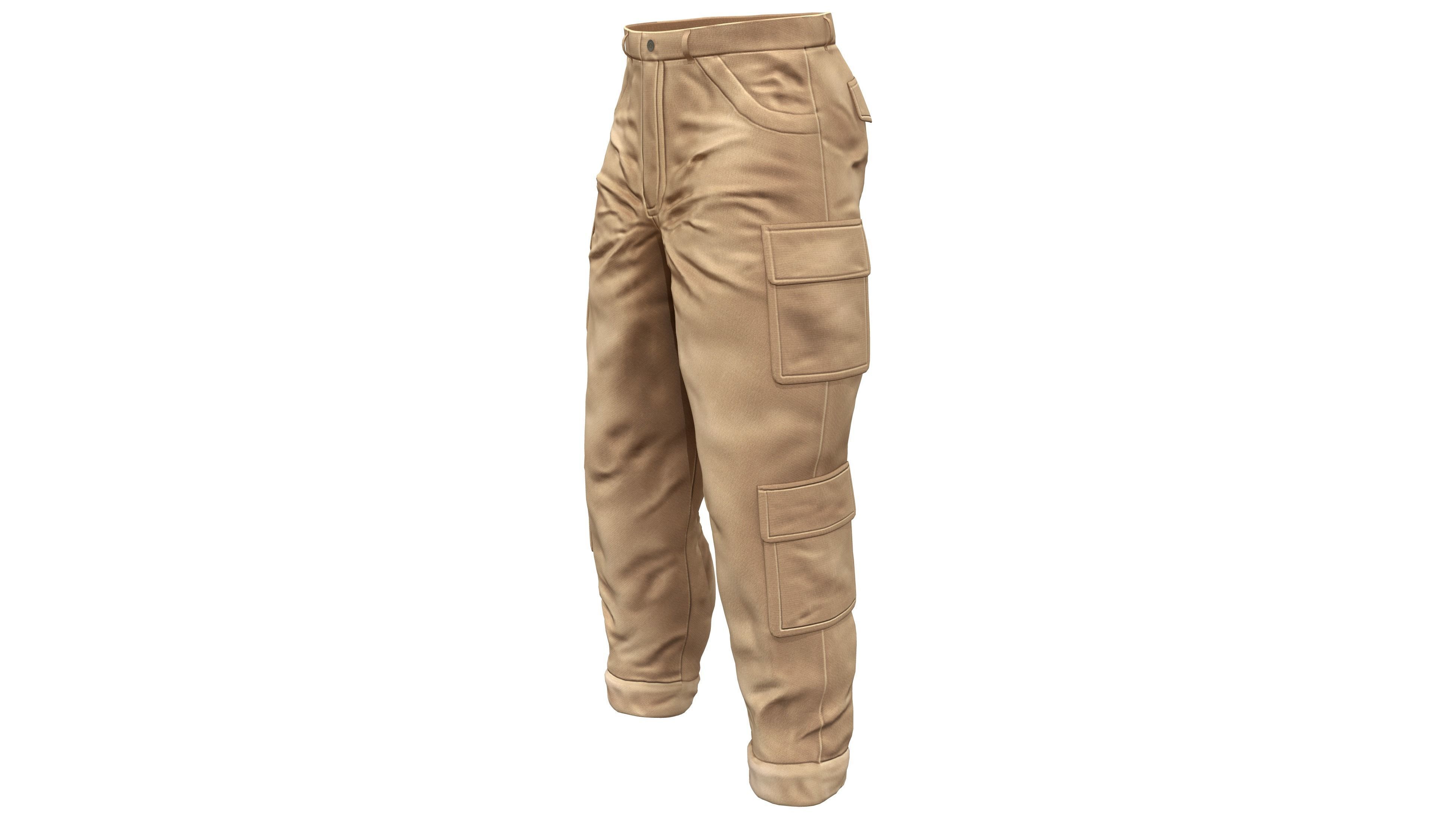 Mens Brown Rolled Legs Cargo Pants Low-poly 3D model_2