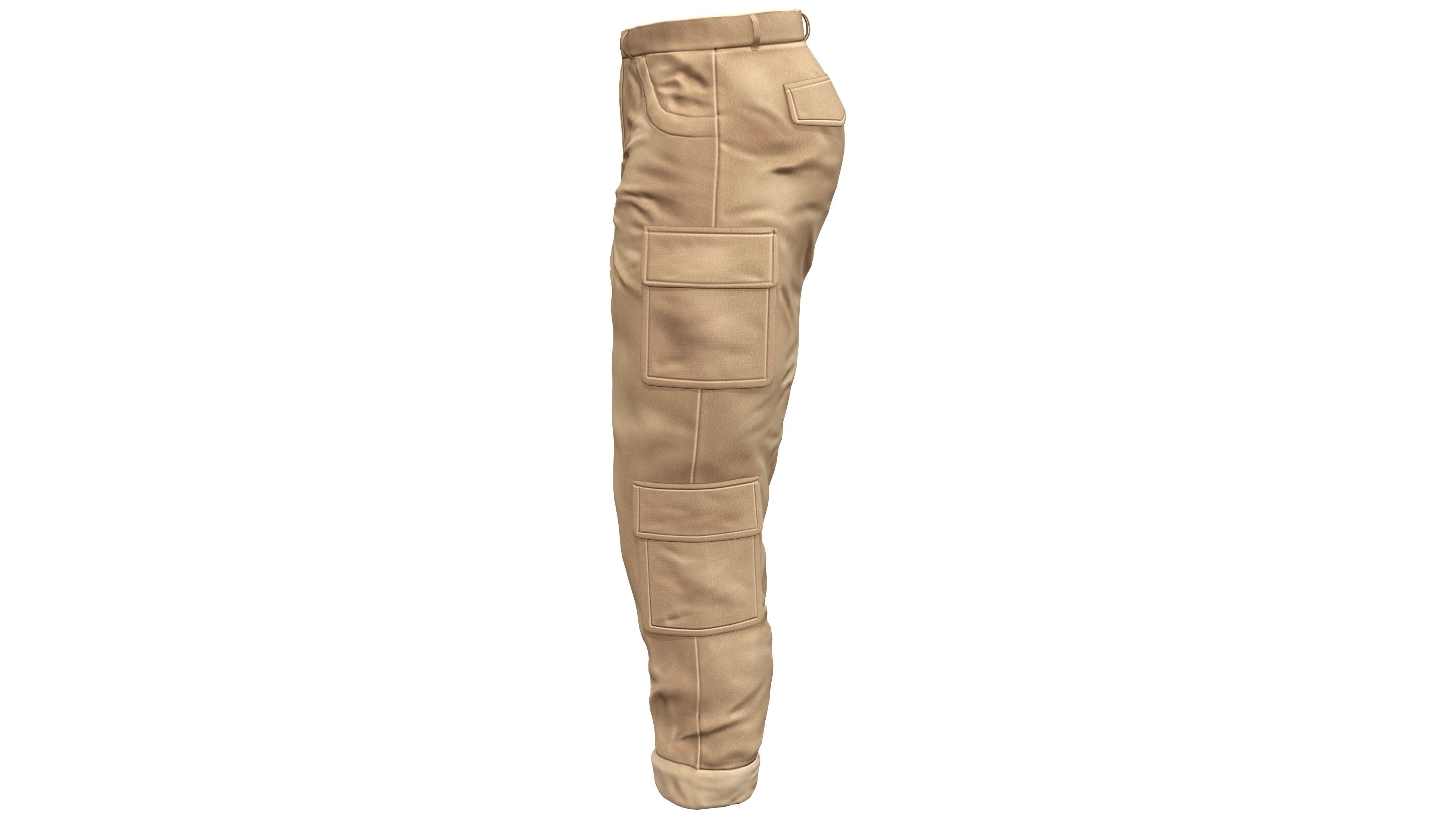 Mens Brown Rolled Legs Cargo Pants Low-poly 3D model_3