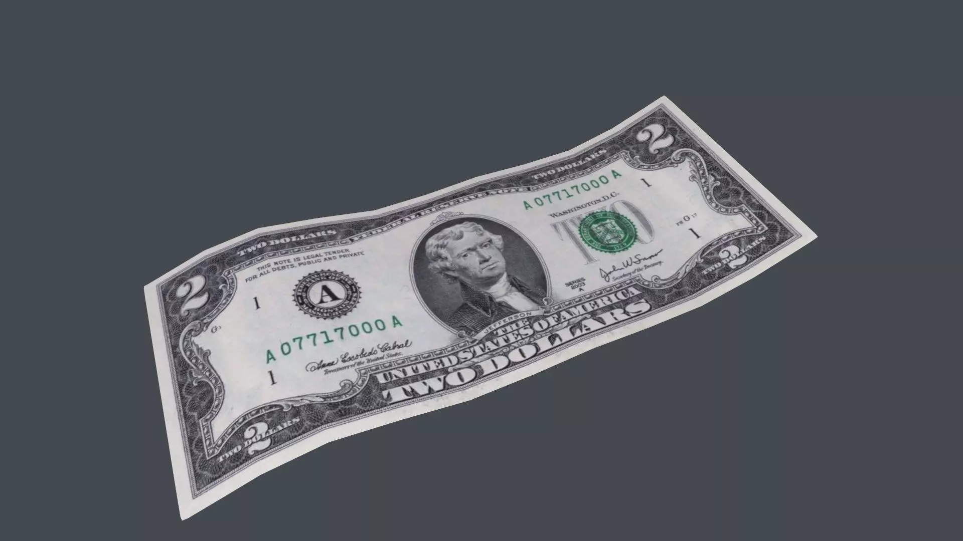 2 Dollar Bill 3D Model Low-poly 3D model_0