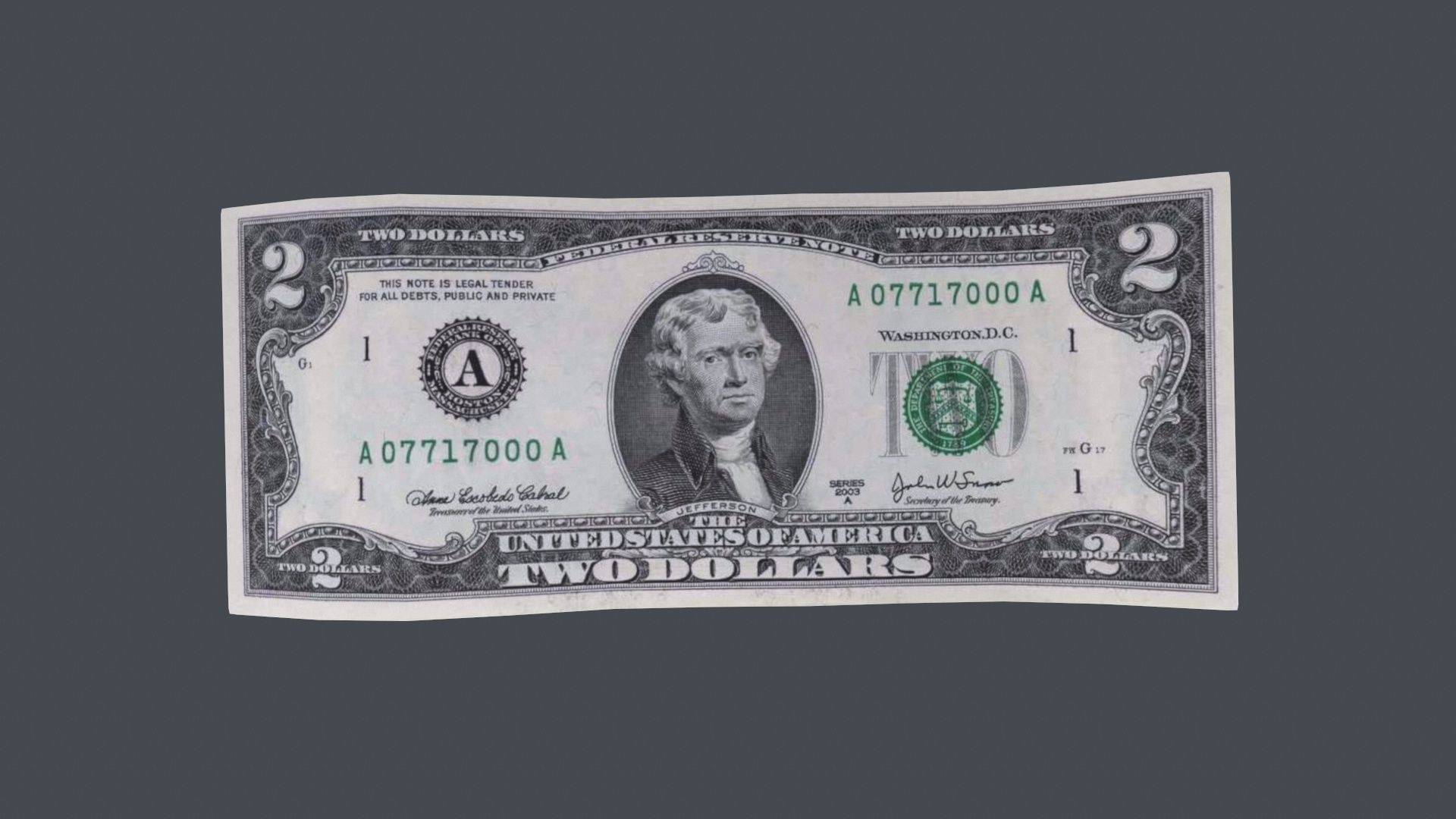 2 Dollar Bill 3D Model Low-poly 3D model_3