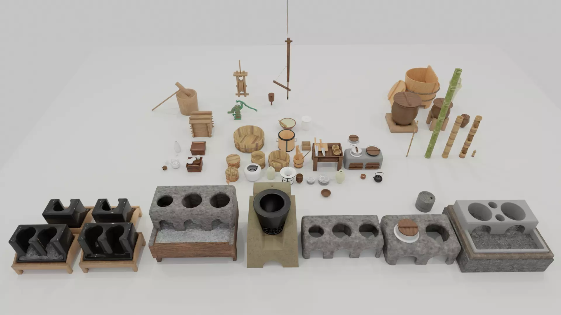66 sets of eqipments and tools in old Japanese kitchen 3D model
