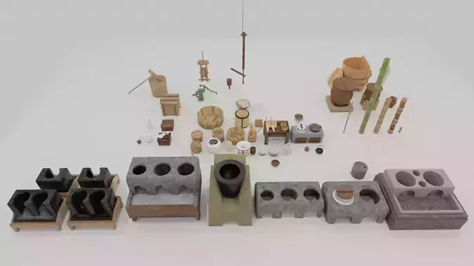 66 sets of eqipments and tools in old Japanese kitchen 3D model