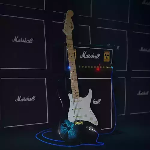 Fender guitare and Marshall amp on fire 3D model