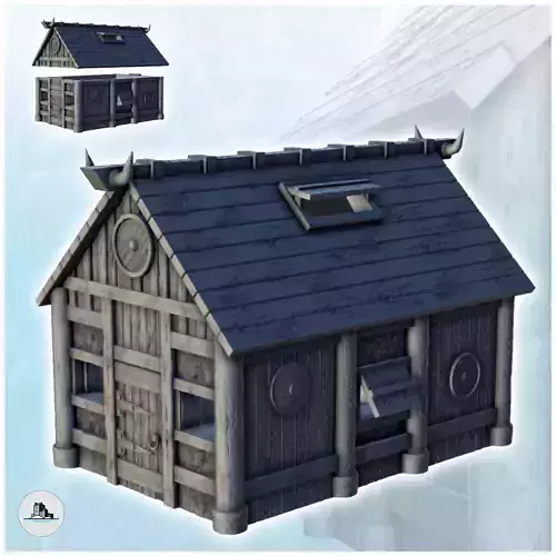 Viking house with wooden door and roof decorated with horns 2 3D print model