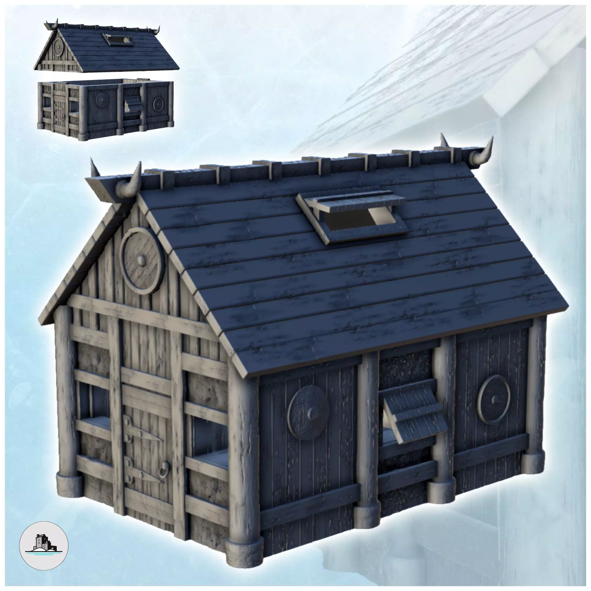Viking house with wooden door and roof decorated with horns 2 3D print model_0