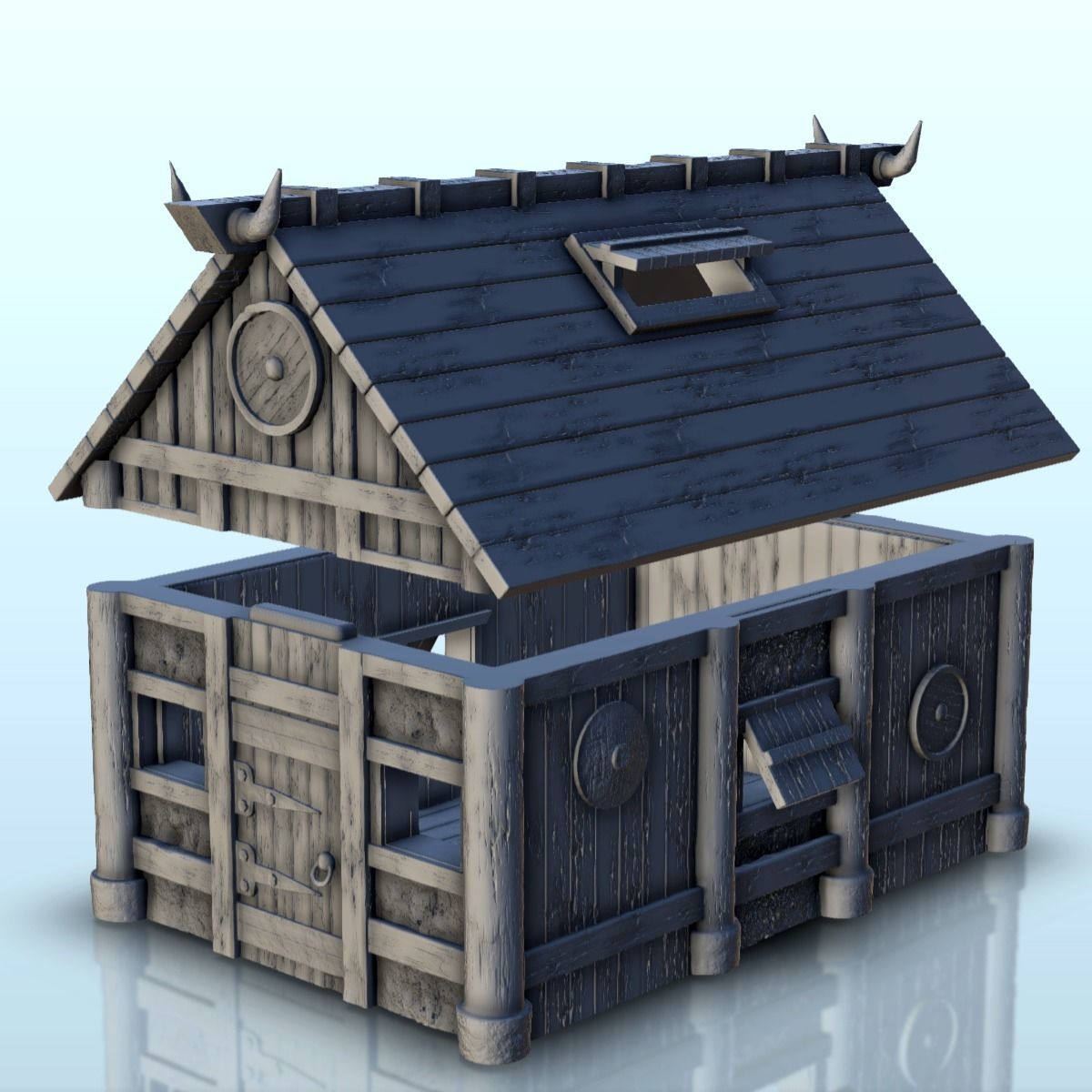 Viking house with wooden door and roof decorated with horns 2 3D print model_12
