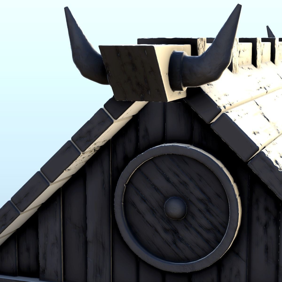 Viking house with wooden door and roof decorated with horns 2 3D print model_13