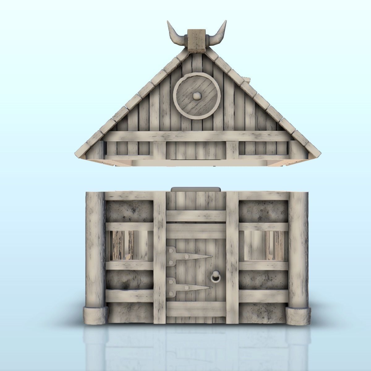 Viking house with wooden door and roof decorated with horns 2 3D print model_17