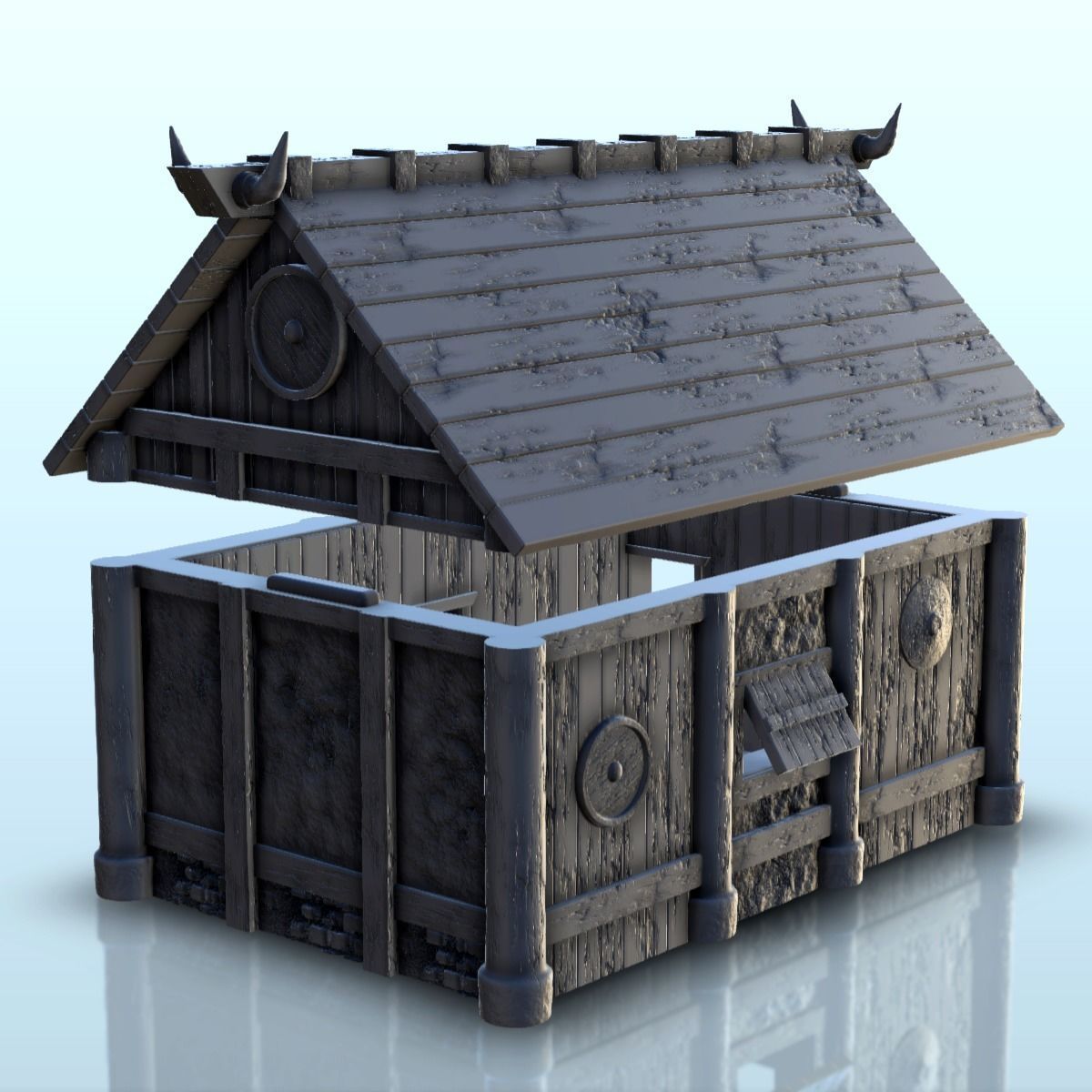 Viking house with wooden door and roof decorated with horns 2 3D print model_18