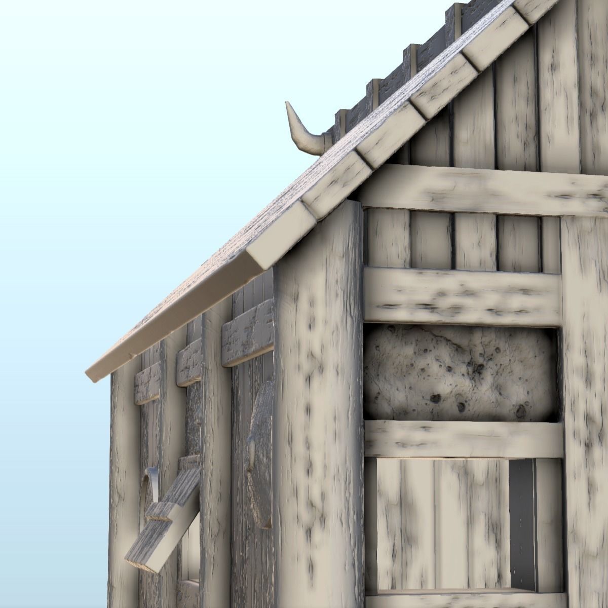 Viking house with wooden door and roof decorated with horns 2 3D print model_3
