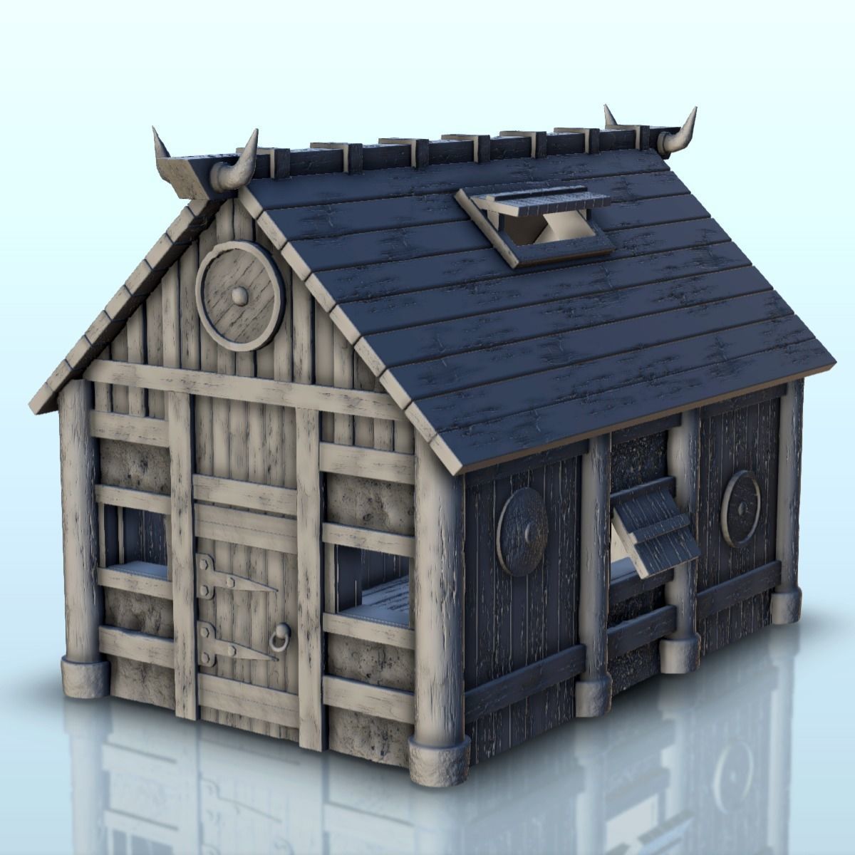 Viking house with wooden door and roof decorated with horns 2 3D print model_1