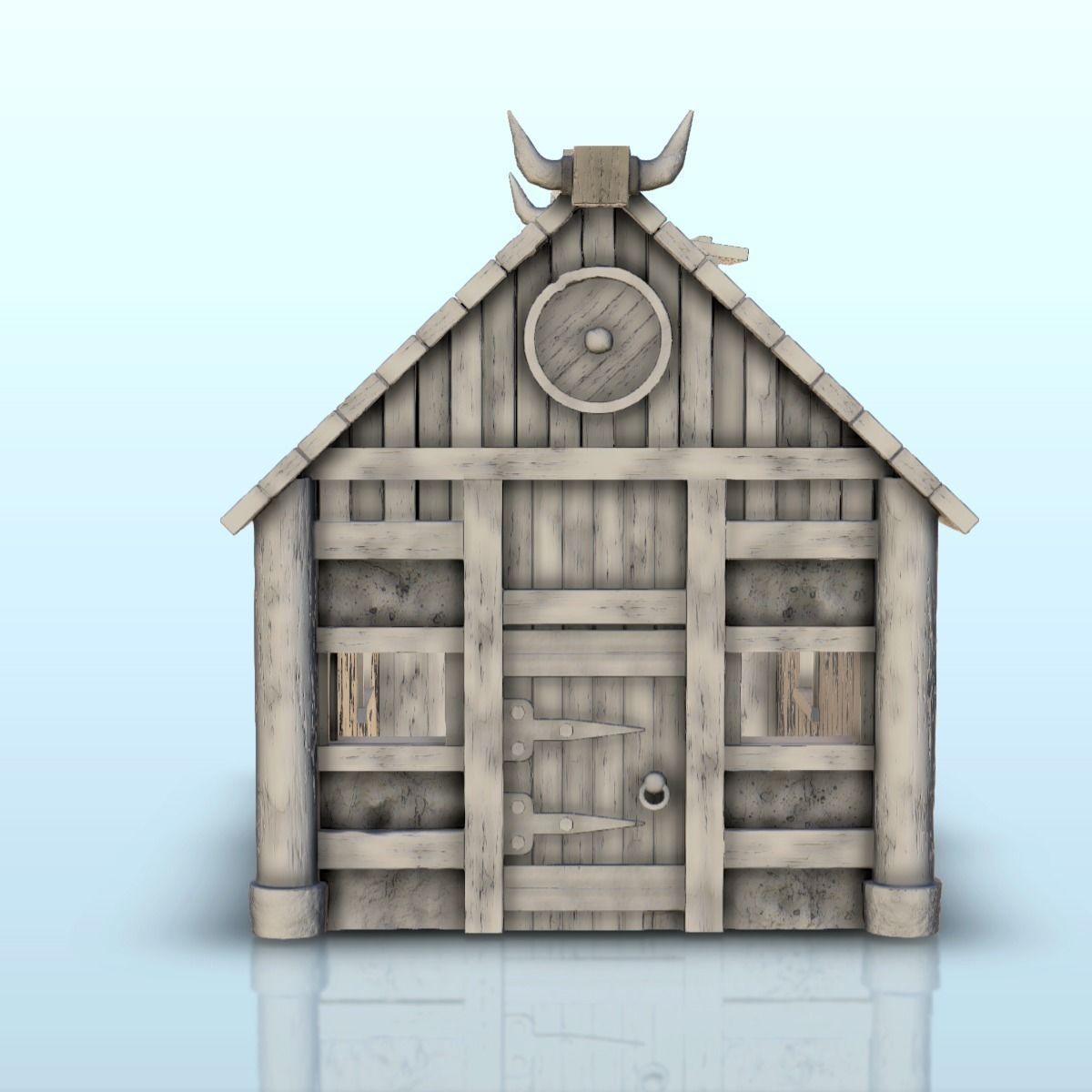 Viking house with wooden door and roof decorated with horns 2 3D print model_16