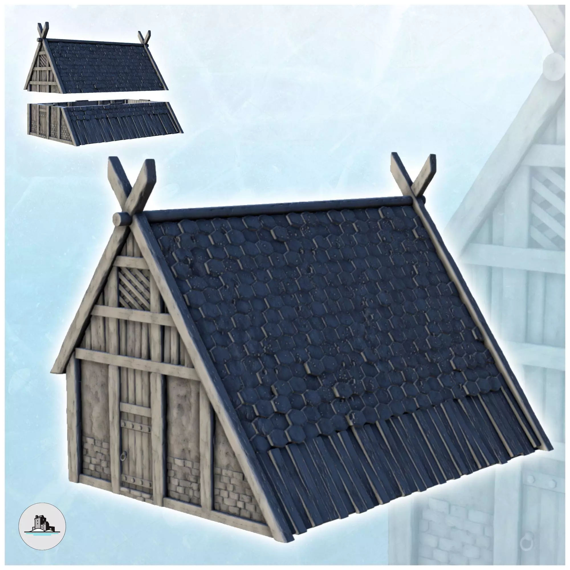 Viking building with sloping roof 4 3D print model_0