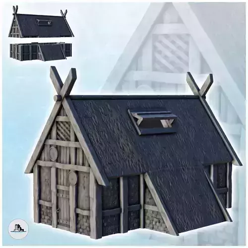 Viking building with large thatched roof and roof window 8