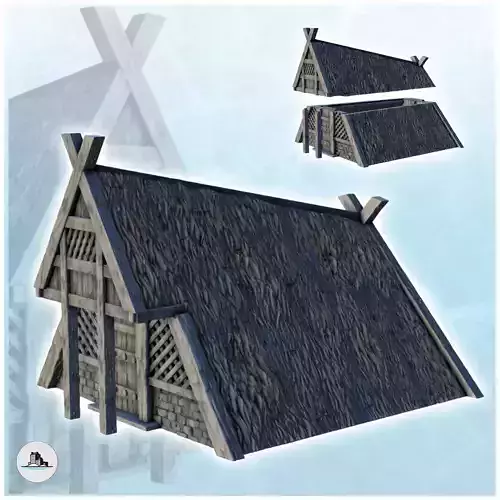 Viking building with bevelled roof and wooden column 6